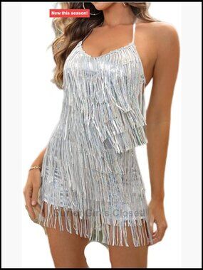 Sequined Fringe Romper Jumpsuit Sleeveless V-Neck Backless Party Nightclub